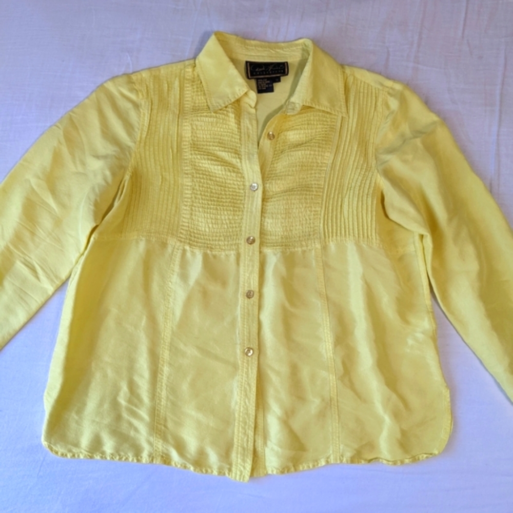 Diane Gilman 100% silk Yellow Long Sleeve Button Down Shirt Size Medium